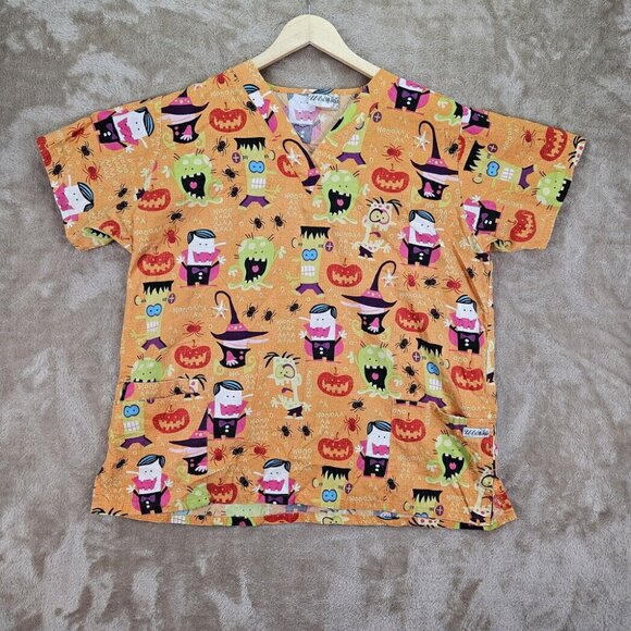 UA Scrubs Halloween Scrubs Frankenstein Vampire Pumpkin Womens XL Orange Pockets - Picture 1 of 10